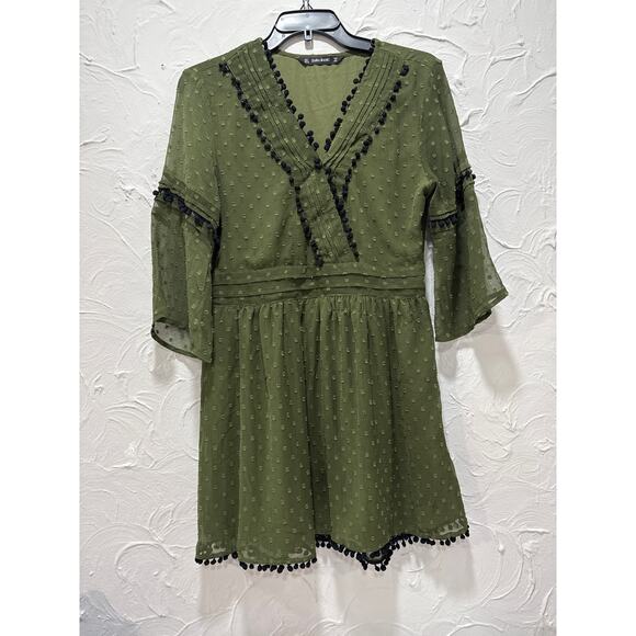 Zara Army Olive Green Swiss Dot Polka Dot Pom Pom Chiffon Mini Dress-Size: Large - Picture 1 of 9